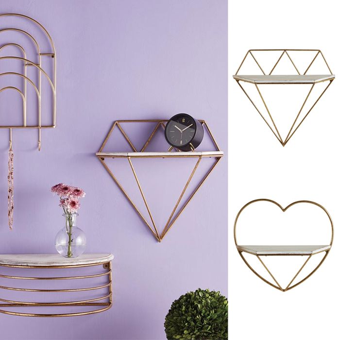 Heart and Diamond Floating Metal Wall Shelf Set, Gold Frame Minimalist Decor