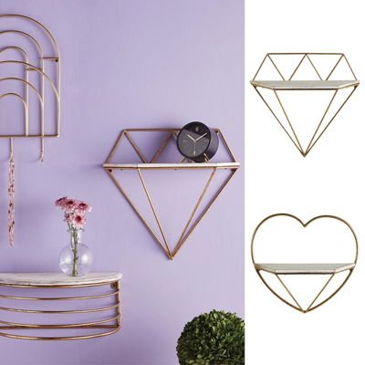 Heart and Diamond Floating Metal Wall Shelf Set, Gold Frame Minimalist Decor