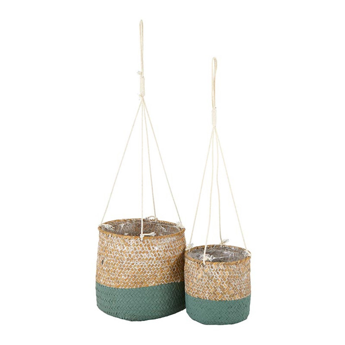 Set of 4 Seagrass Hanging Basket Set, Medium, Green & Natural