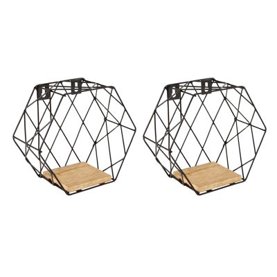 Set of 2 Small Honeycomb Shape Wall Shelf | Hexagon Floating Shelf Wood/Black | Books Plants Holder