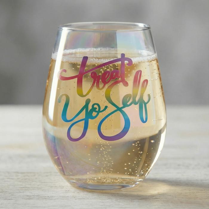 Treat Yo Self Jumbo Stemless Wine Glass in Rainbow Colors | 30 Oz. | Holds an Entire Bottle of Wine
