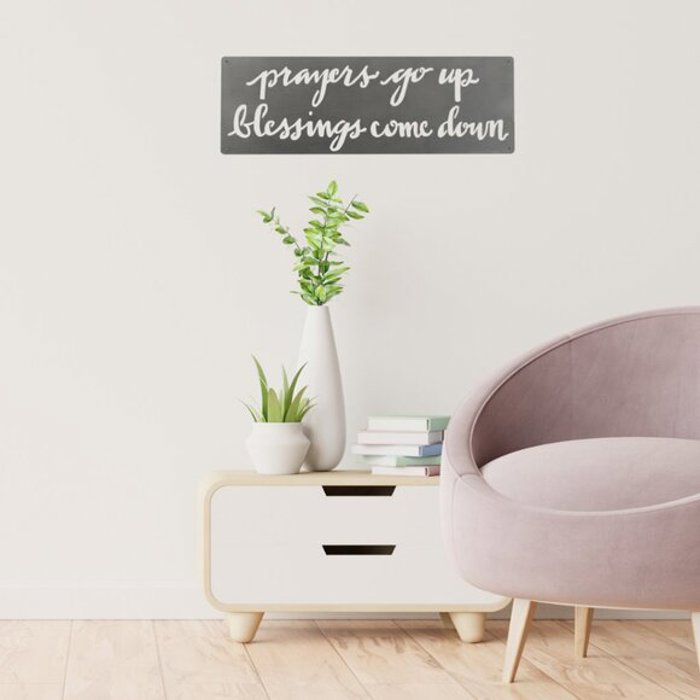 Christian Metal Wall Art Prayers Go Up Blessings Come Down 15" x 5"