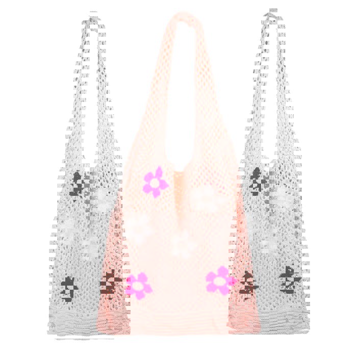 Hippie Boho Knitted Flower Tote | Floral Print Soft Shoulder Bag in Groovy Pink