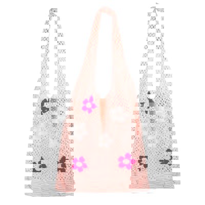 Hippie Boho Knitted Flower Tote | Floral Print Soft Shoulder Bag in Groovy Pink