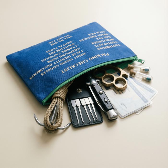 Secret Agent Packing Checklist Canvas Zipper Pouch 9.5" x 7" | Cosmetics Bag or Pencil Case