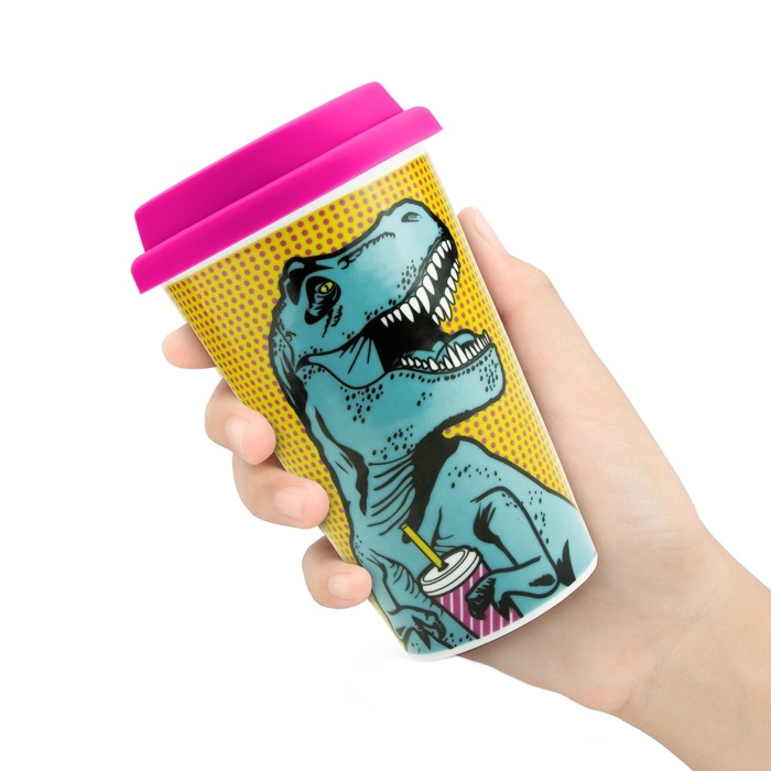 T-Rex Ceramic Double Wall Travel Mug in Pop Art Multicolor