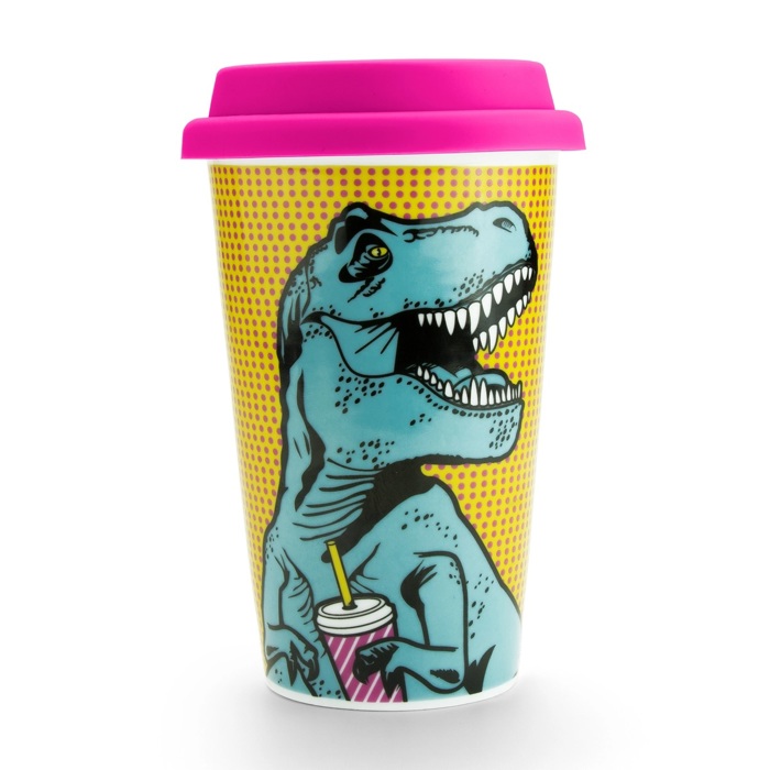 T-Rex Ceramic Double Wall Travel Mug in Pop Art Multicolor