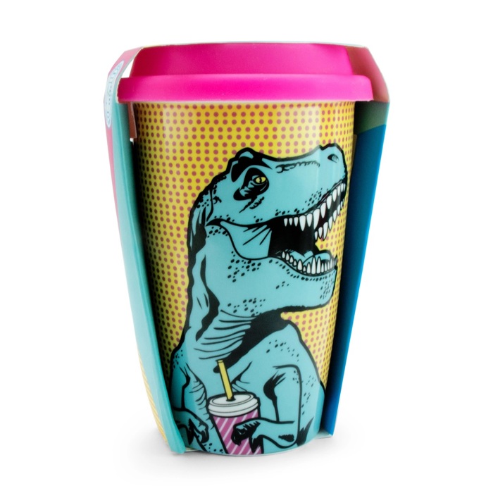 T-Rex Ceramic Double Wall Travel Mug in Pop Art Multicolor