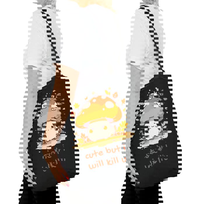 Cute But I Will Kill U Mushroom Tote Bag in Black | 16" x 16"