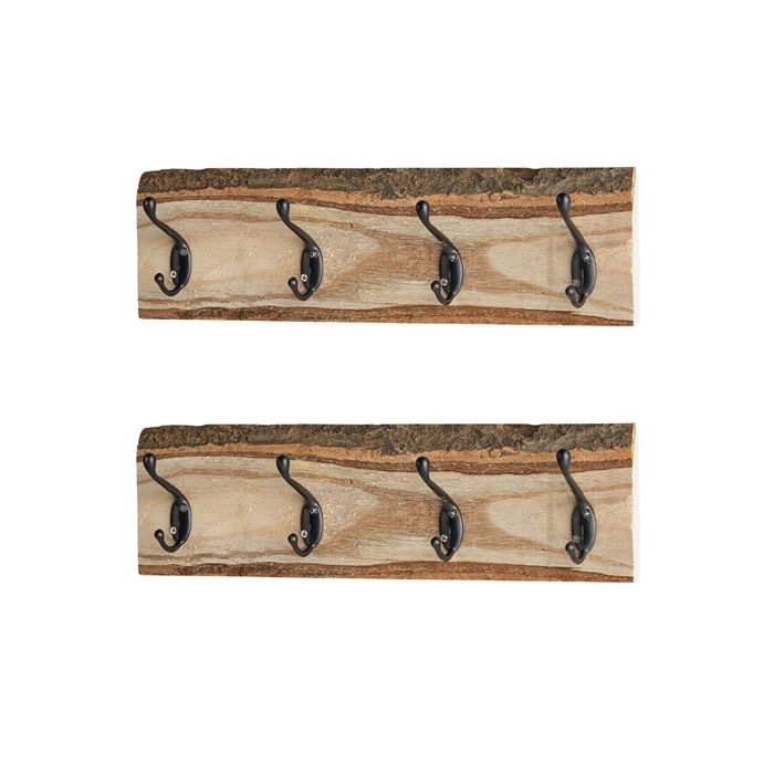 Set of 2, 4-Hook Wood Wall Mounted Rack, 15-Inches Long Rustic Wooden Hanger