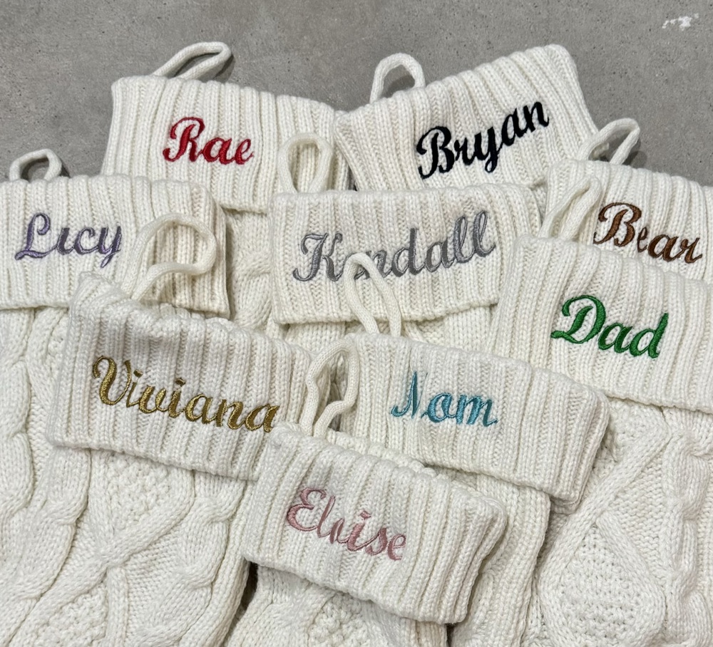 Custom Christmas Stockings for family. Personalized monogram name to match holiday gifts and decor.