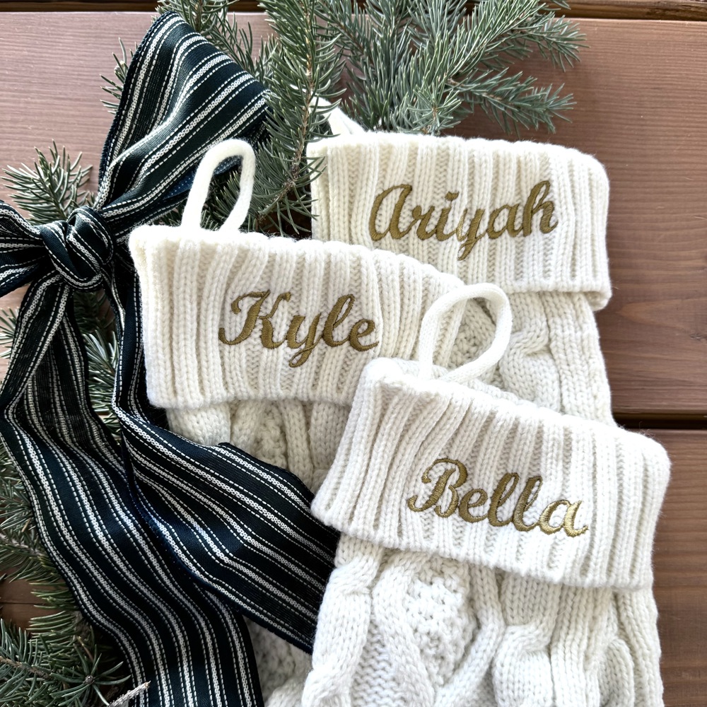 Custom Christmas Stockings for family. Personalized monogram name to match holiday gifts and decor.