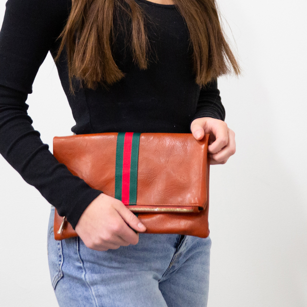 Preppy Foldover Clutch - Green & Red Stripe