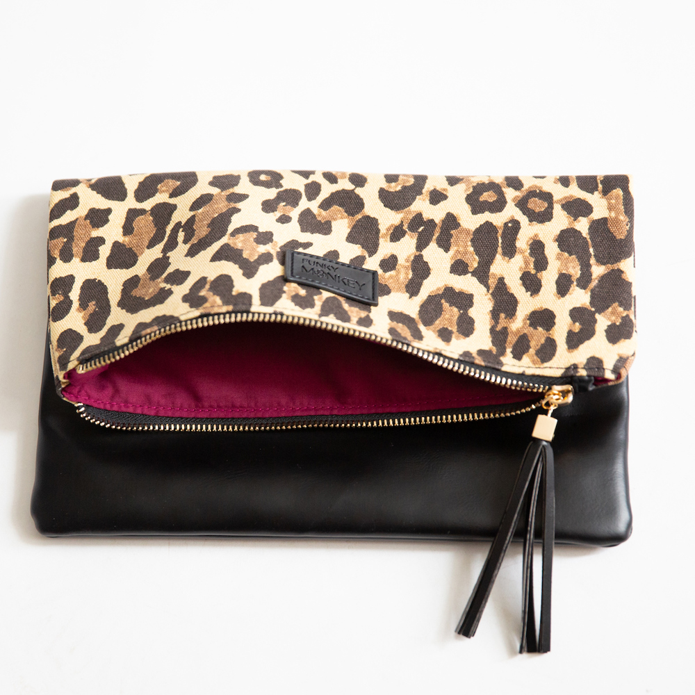 Foldover Leopard with Burgundy Lining Clutch