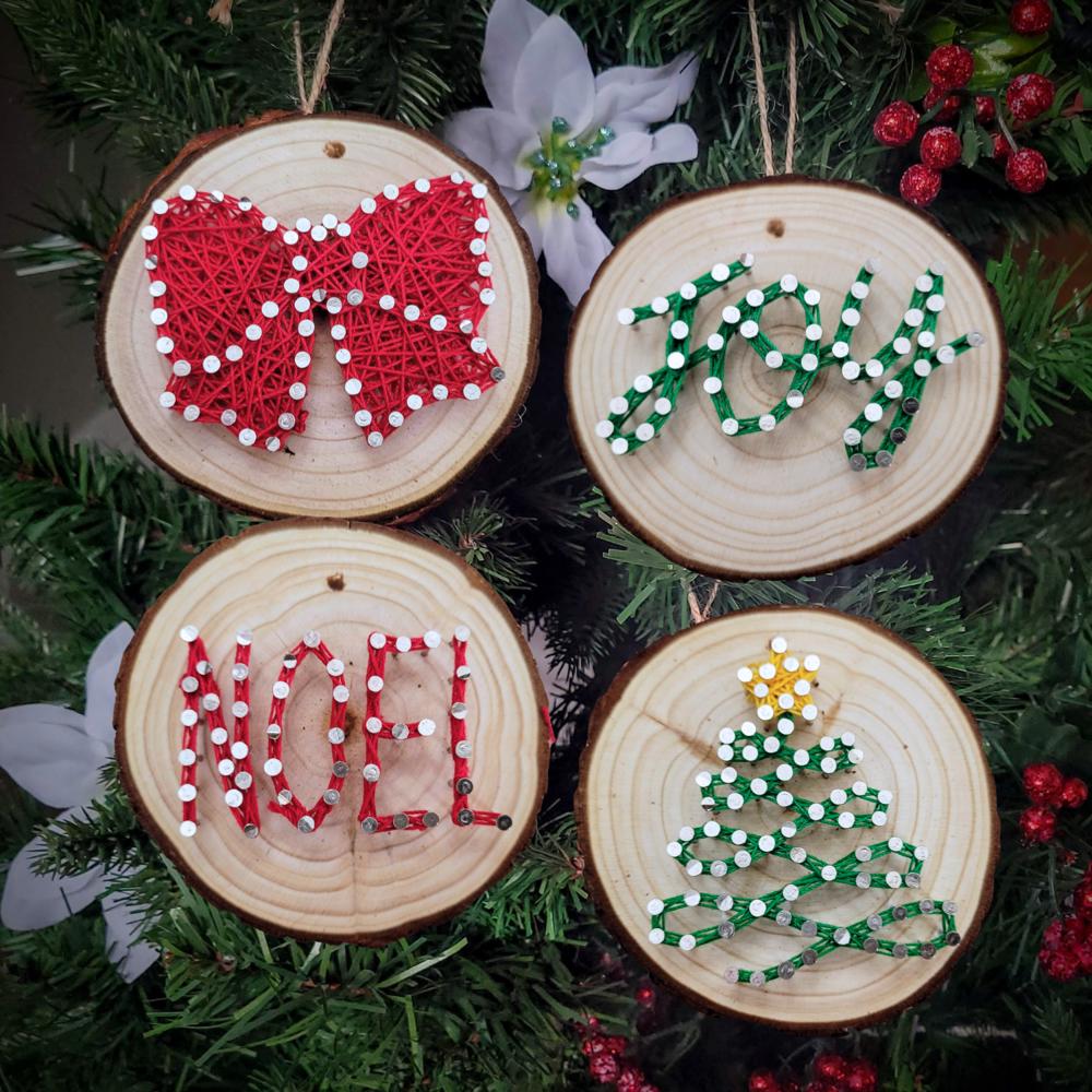 Christmas Tree string Art Ornament kits, Real wood slice, crafts for kids, teens and adults. DIY Christmas ornaments. Party activities