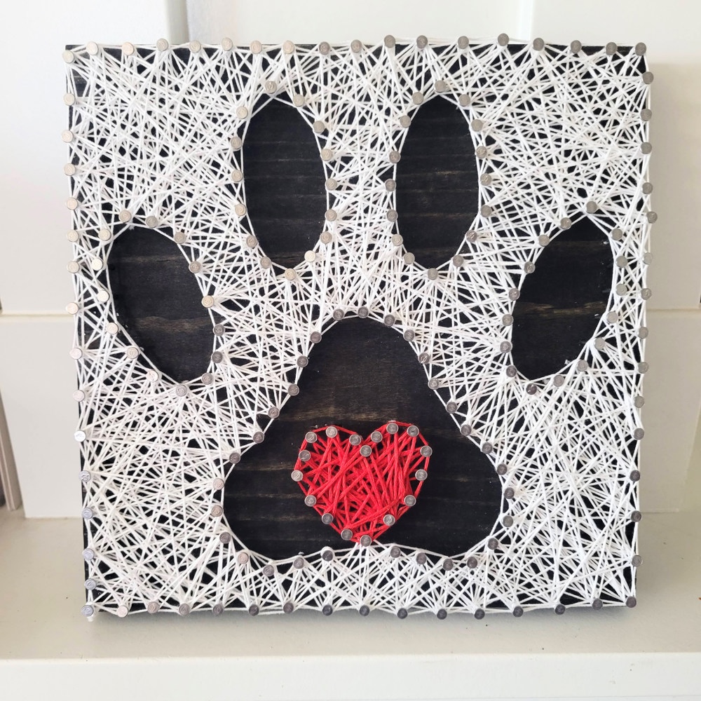 DIY String Art Pawprint with Heart, Dog or Cat owner gift, Pet Home Décor, Fun for ages 12+, Learn a new activity, craft night party.