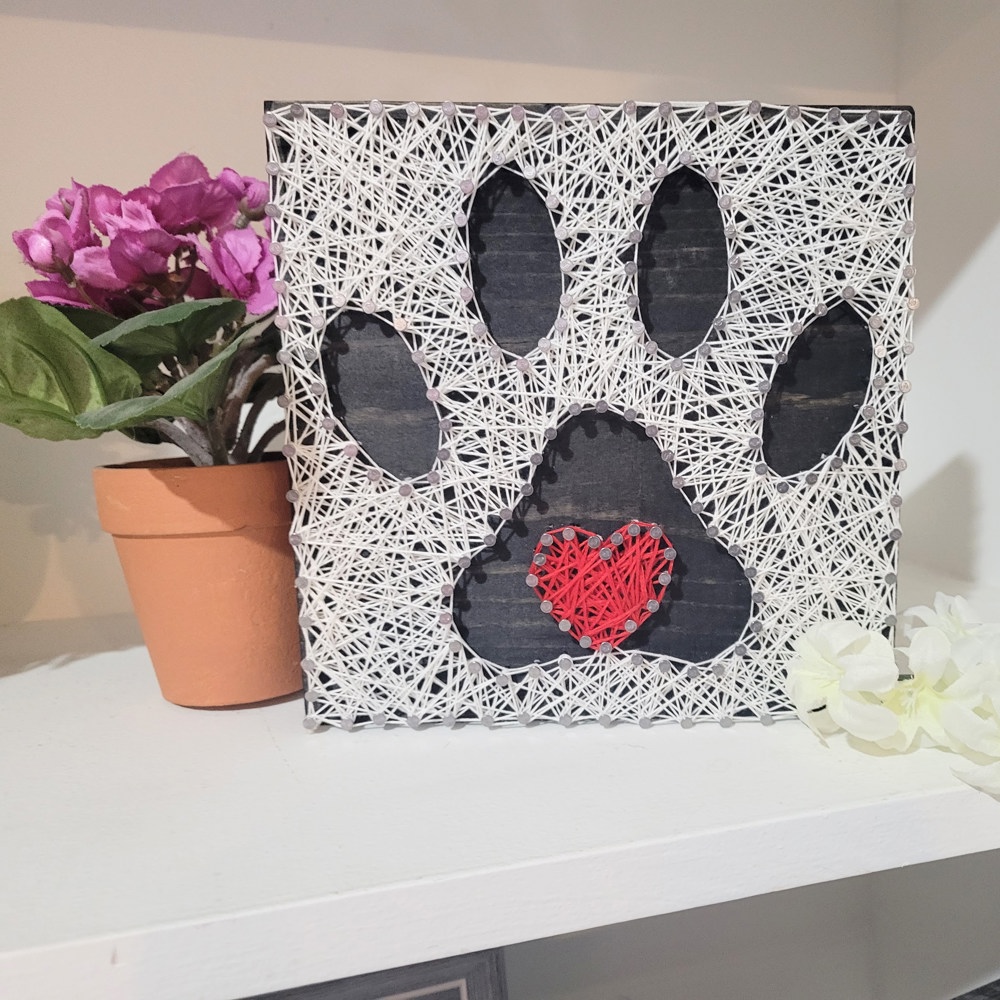 DIY String Art Pawprint with Heart, Dog or Cat owner gift, Pet Home Décor, Fun for ages 12+, Learn a new activity, craft night party.