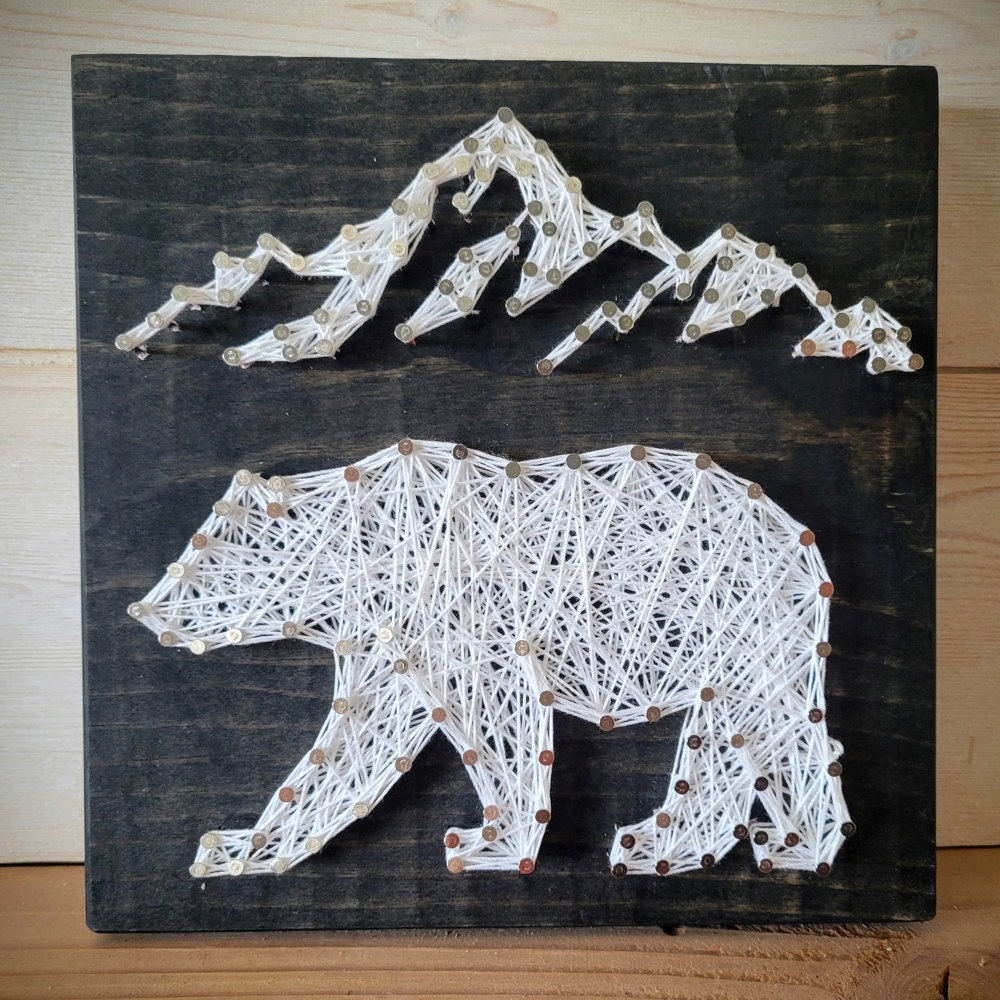 DIY String Art bear & Mountains, Home Décor, Relaxing Craft, wall hanging, shelf art. Gift Idea! Christmas gift. Teen Boy Craft. Cabin Decor.