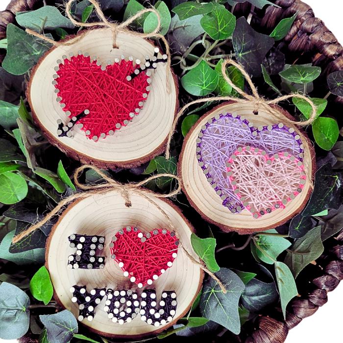 Valentine's Day String Art kits, Real wood slice, crafts for kids, teens and adults. Valentines Day Decor. DIY String Art. Hands on crafts!