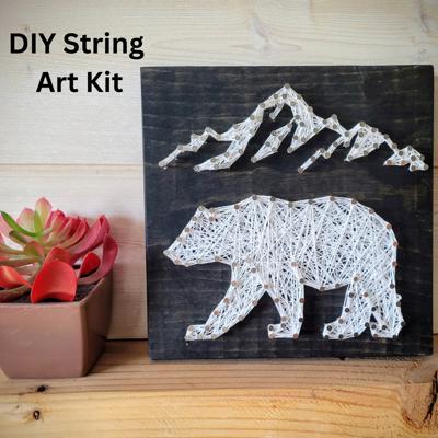 DIY String Art bear & Mountains, Home Décor, Relaxing Craft, wall hanging, shelf art. Gift Idea! Christmas gift. Teen Boy Craft. Cabin Decor.