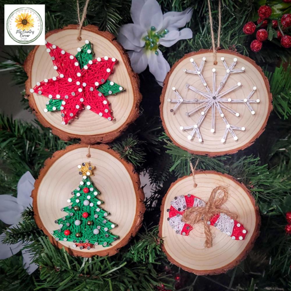 Christmas Tree String Art Ornament kits, Real wood slice, crafts for kids, teens and adults. DIY Christmas Ornaments.