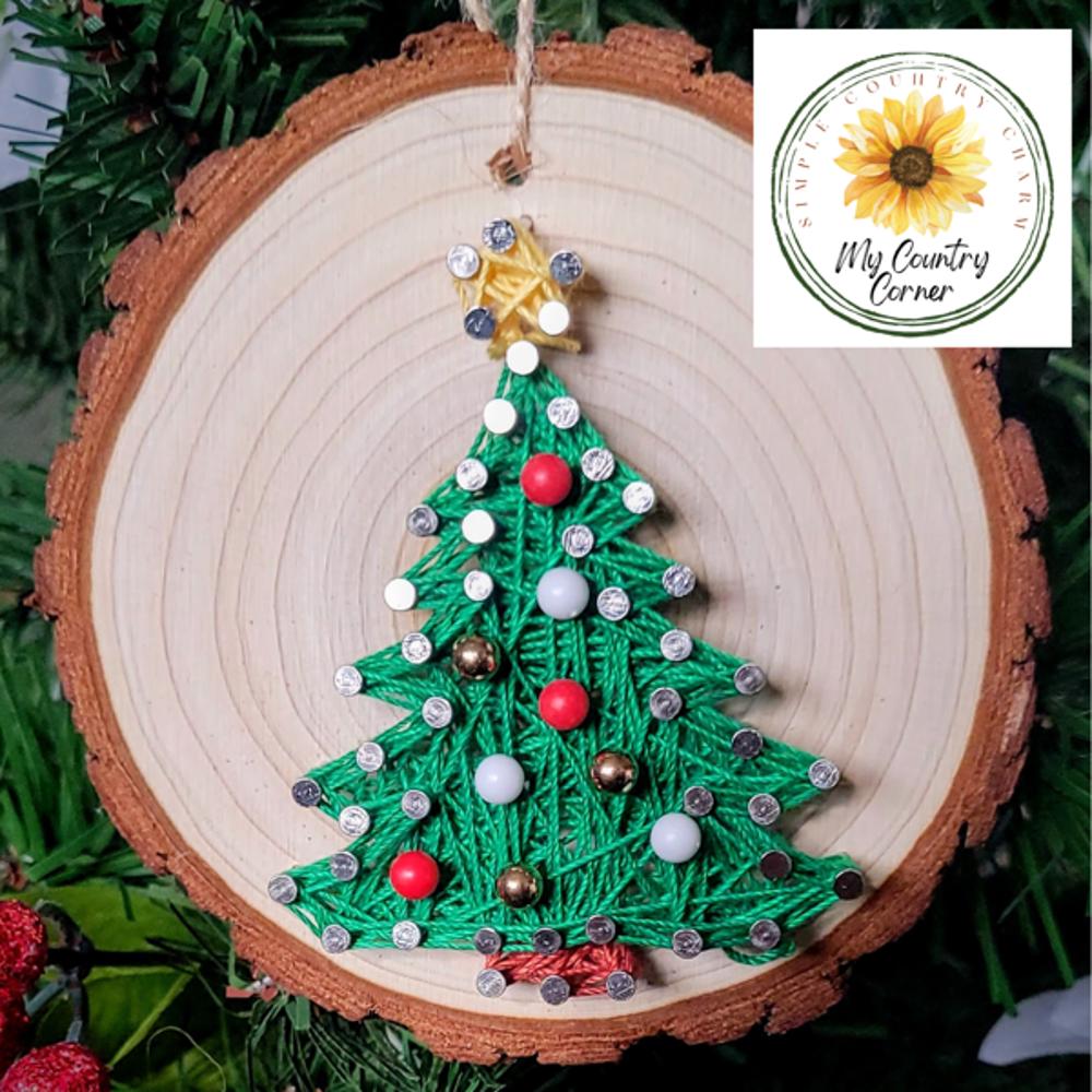 Christmas Tree String Art Ornament kits, Real wood slice, crafts for kids, teens and adults. DIY Christmas Ornaments.