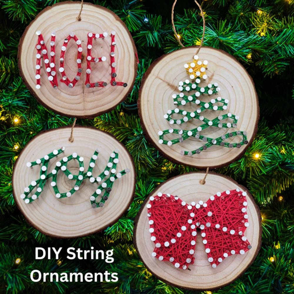 Christmas Tree string Art Ornament kits, Real wood slice, crafts for kids, teens and adults. DIY Christmas ornaments. Party activities