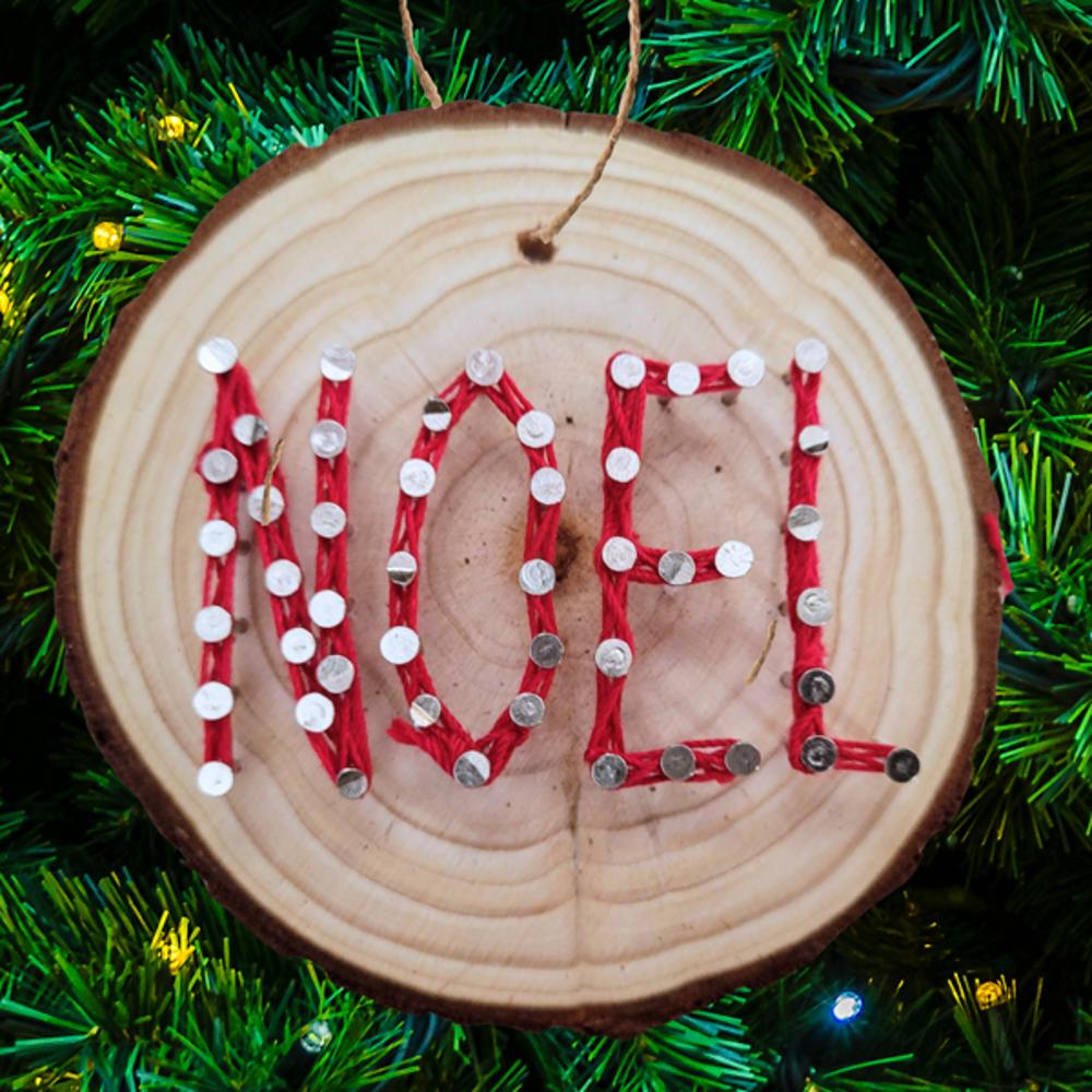 Christmas Tree string Art Ornament kits, Real wood slice, crafts for kids, teens and adults. DIY Christmas ornaments. Party activities