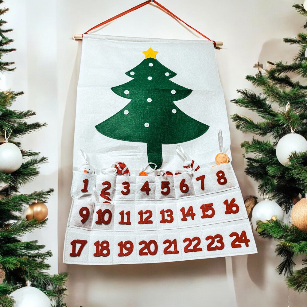 Felt Advent Calendar with pockets & Handmade Cotton Ornaments, Reusable Advent