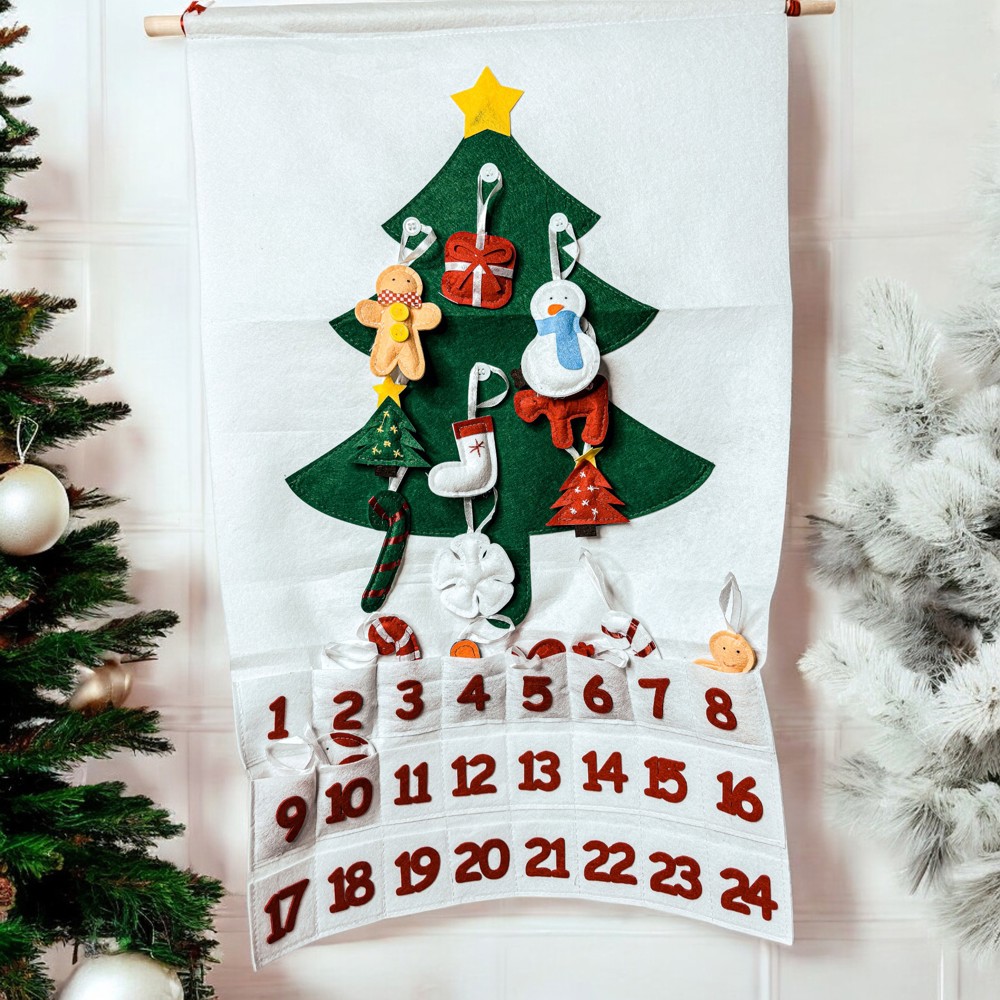 Felt Advent Calendar with pockets & Handmade Cotton Ornaments, Reusable Advent