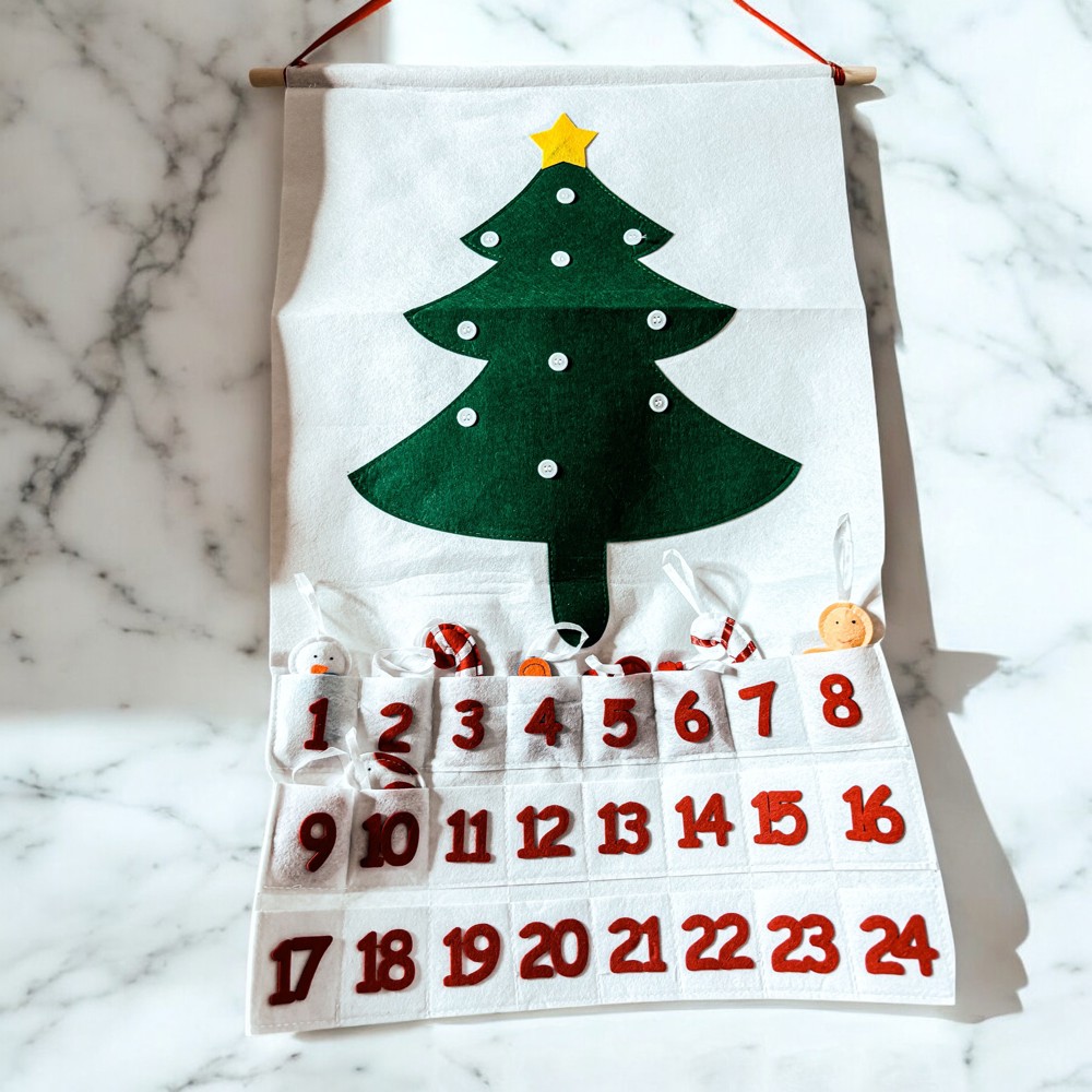 Felt Advent Calendar with pockets & Handmade Cotton Ornaments, Reusable Advent