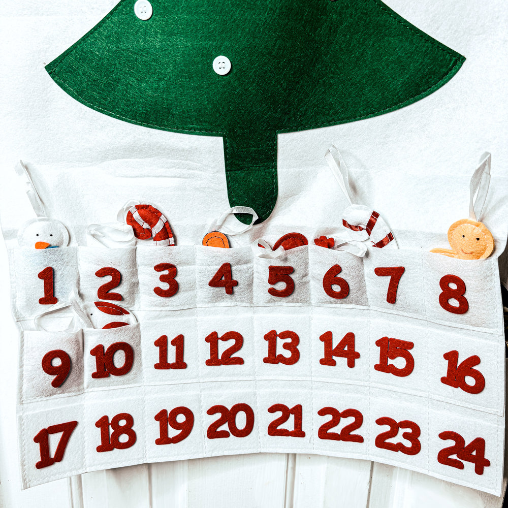 Felt Advent Calendar with pockets & Handmade Cotton Ornaments, Reusable Advent