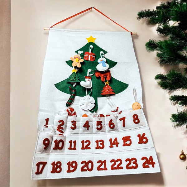 Felt Advent Calendar with pockets & Handmade Cotton Ornaments, Reusable Advent