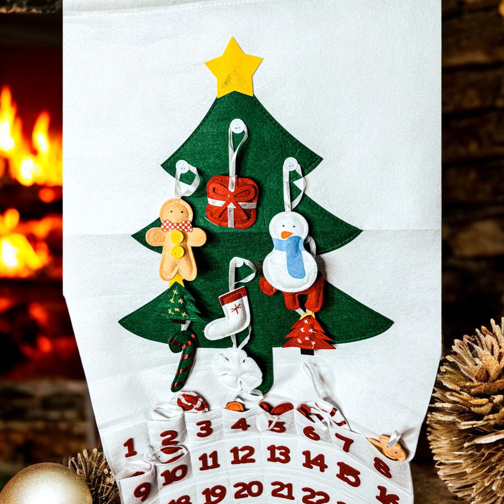 Felt Advent Calendar with pockets & Handmade Cotton Ornaments, Reusable Advent