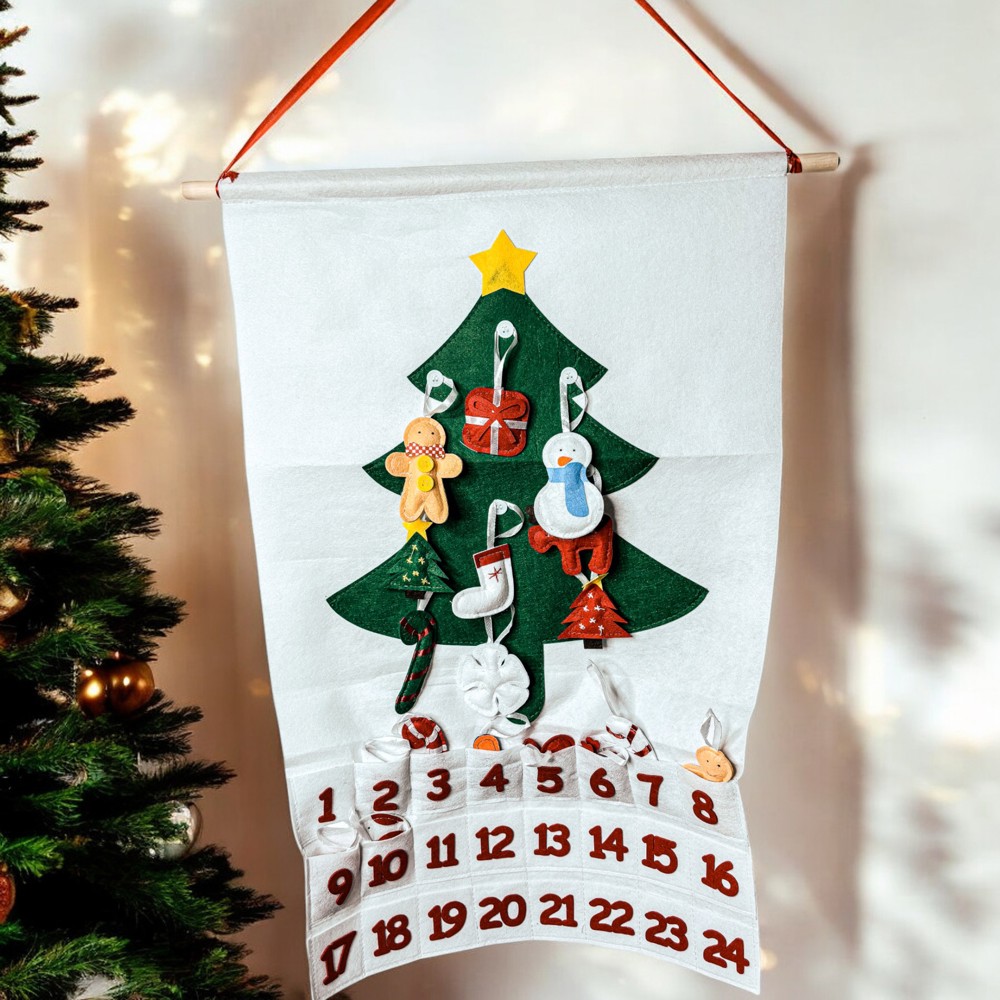 Felt Advent Calendar with pockets & Handmade Cotton Ornaments, Reusable Advent