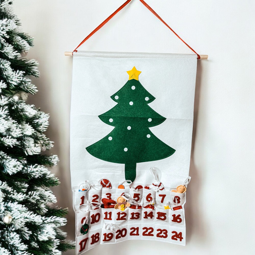 Felt Advent Calendar with pockets & Handmade Cotton Ornaments, Reusable Advent