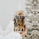 Merry Bright Glass Cups with Lid and Straws 2pk | 17oz Funny Glass Tumblers For Moms | Glass Can Cups