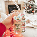Vintage Christmas Glass Cups with Lid and Straws 2pk | 17oz Funny Glass Tumblers For Moms | Glass Can Cups
