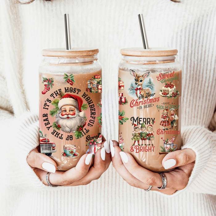 Christmas Glass Tumbler Set 2pk, Modern Cute Holiday Home Decor & Gift Ideas, Glass Coffee Cups with Wood lid and Straws | Glitter Sequin Christmas Cups