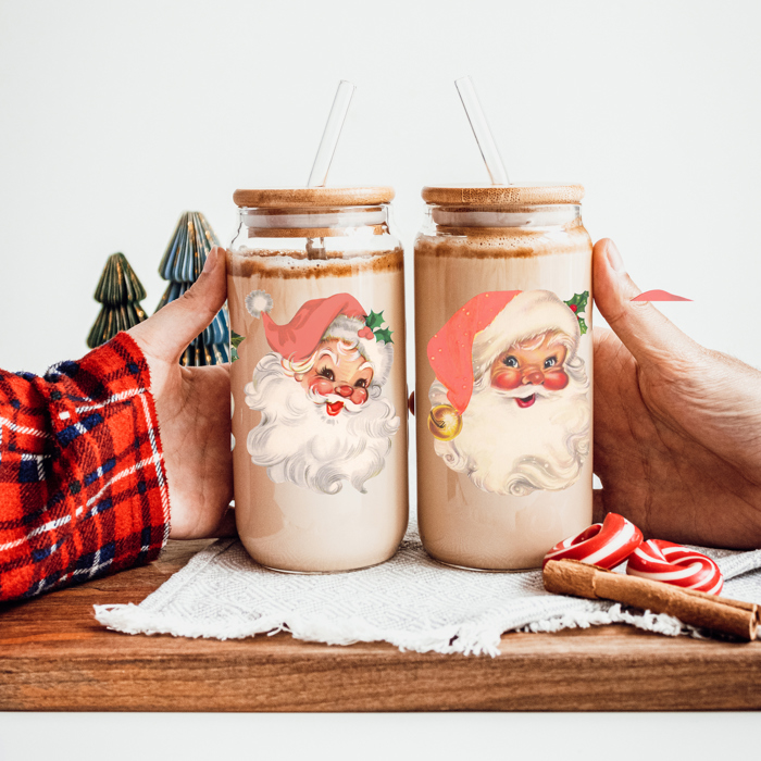 Christmas Glass Tumbler Set 2pk, Modern Cute Holiday Home Decor & Gift Ideas, Glass Coffee Cups with Wood lid and Straws | Glitter Sequin Christmas Cups