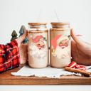 Vintage Santa Christmas Glass Tumbler Set 2pk, Modern Cute Holiday Home Decor & Gift Ideas, Glass Coffee Cups with Wood lid and Straws | Glitter Sequin Christmas Cups
