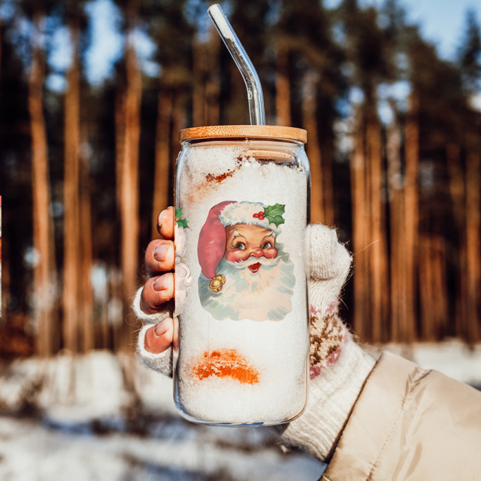 Christmas Glass Tumbler Set 2pk, Modern Cute Holiday Home Decor & Gift Ideas, Glass Coffee Cups with Wood lid and Straws | Glitter Sequin Christmas Cups
