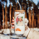 Vintage Santa Christmas Glass Tumbler Set 2pk, Modern Cute Holiday Home Decor & Gift Ideas, Glass Coffee Cups with Wood lid and Straws | Glitter Sequin Christmas Cups
