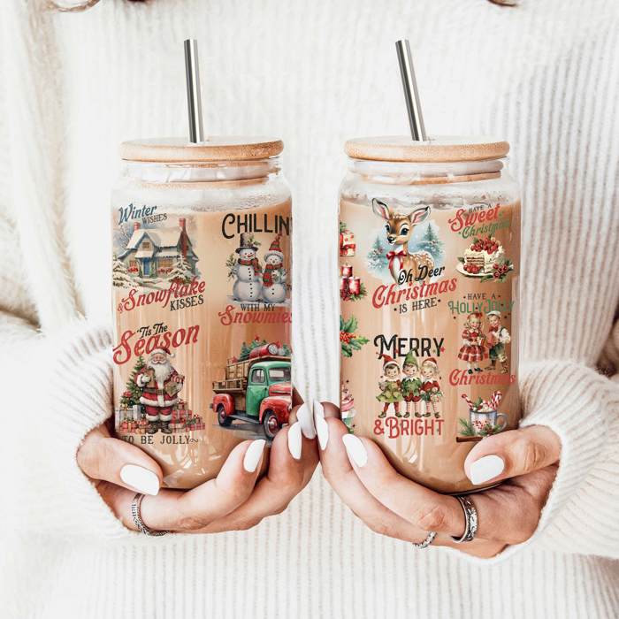 Vintage Santa Christmas Tumblers | Vintage Classic Holiday Glass Tumbler Set | 2 Pack Bundle of Glass Coffee Cups with Lid & Straw | Traditional Santa Claus