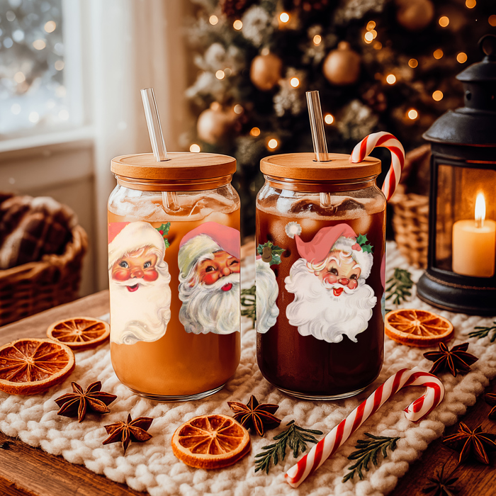Christmas Kitchen Gifts & Holiday Drinkware Set, 2 Glass Tumblers of Choice, Christmas Glass Coffee Cups with Lid & Straws, Cute, Modern, Funny 