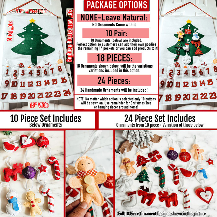 Christmas 2025 Advent Calendar, Handmade Hanging Christmas Countdown with Plush Fabric Ornament Options, Reusable Holiday Felt Advent 