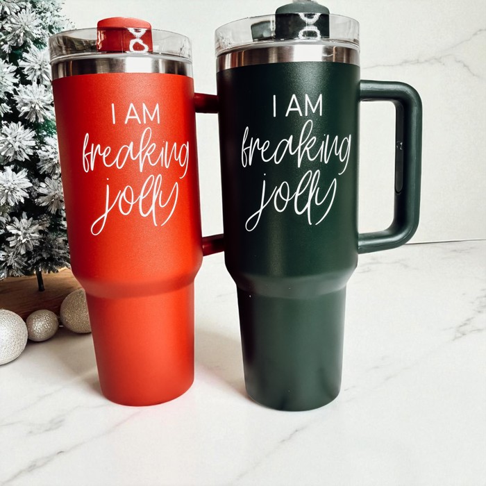 Christmas Tumbler Gifts Funny, 40oz Holiday Tumblers with Handle, Lid & Reusable Straw | Modern 40 oz Red or Green Travel Mugs | Mom Humor Gift Ideas