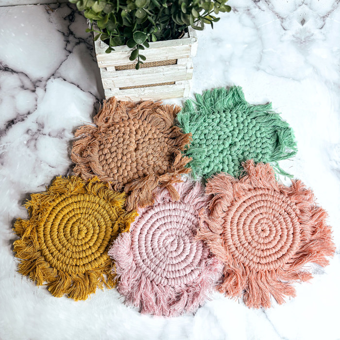 Braided Fabric Coaster Set, Pastel Handmade Tassel Coasters for Spring Tabletop Home Decor