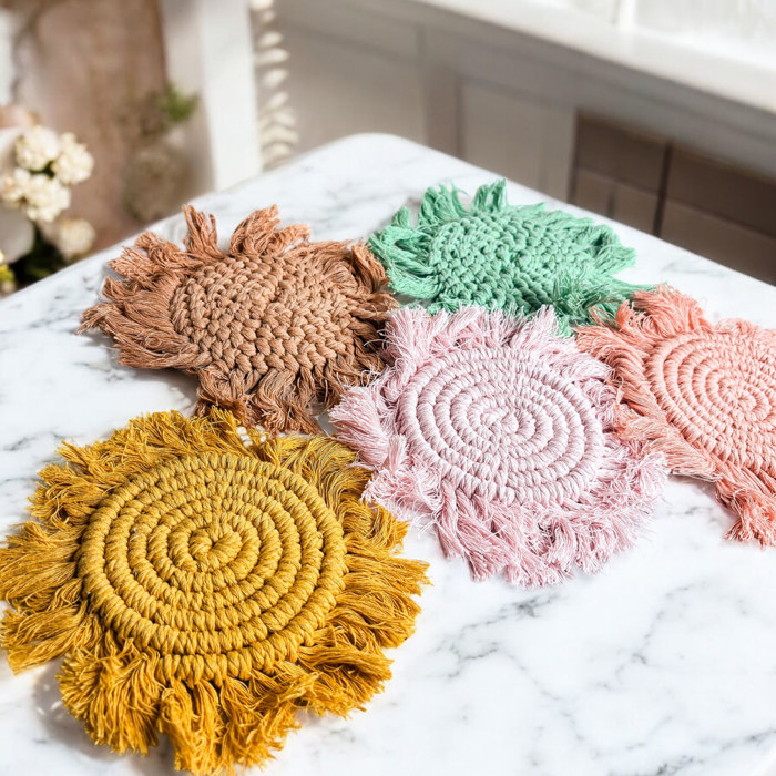 Braided Fabric Coaster Set, Pastel Handmade Tassel Coasters for Spring Tabletop Home Decor