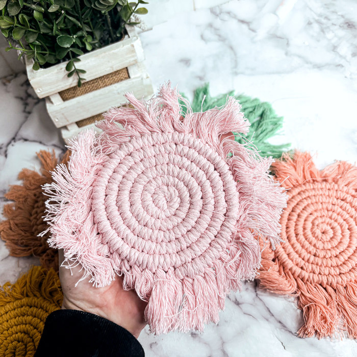 Braided Fabric Coaster Set, Pastel Handmade Tassel Coasters for Spring Tabletop Home Decor